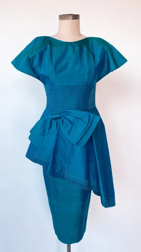 1950s Oversized Peplum Teal Dress, sz. XXS