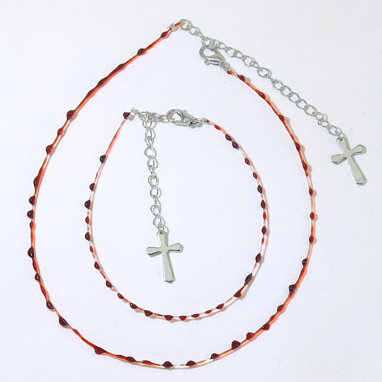 2pcs Necklace Plus Bracelet Gothic Style Jewelry Set Trendy Cross Pendant Blood Drop Design Match Daily Outfits Perfect Halloween Decor