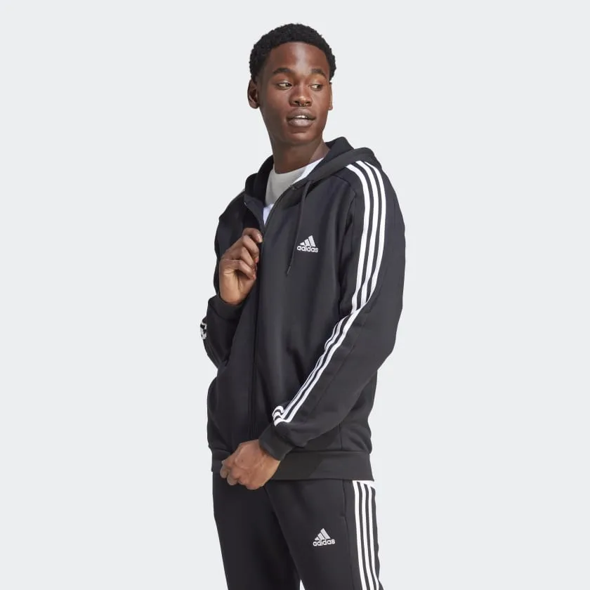 ADIDAS MEN'S 3-STRIPE FLEECE FULL-ZIP JACKET BLACK