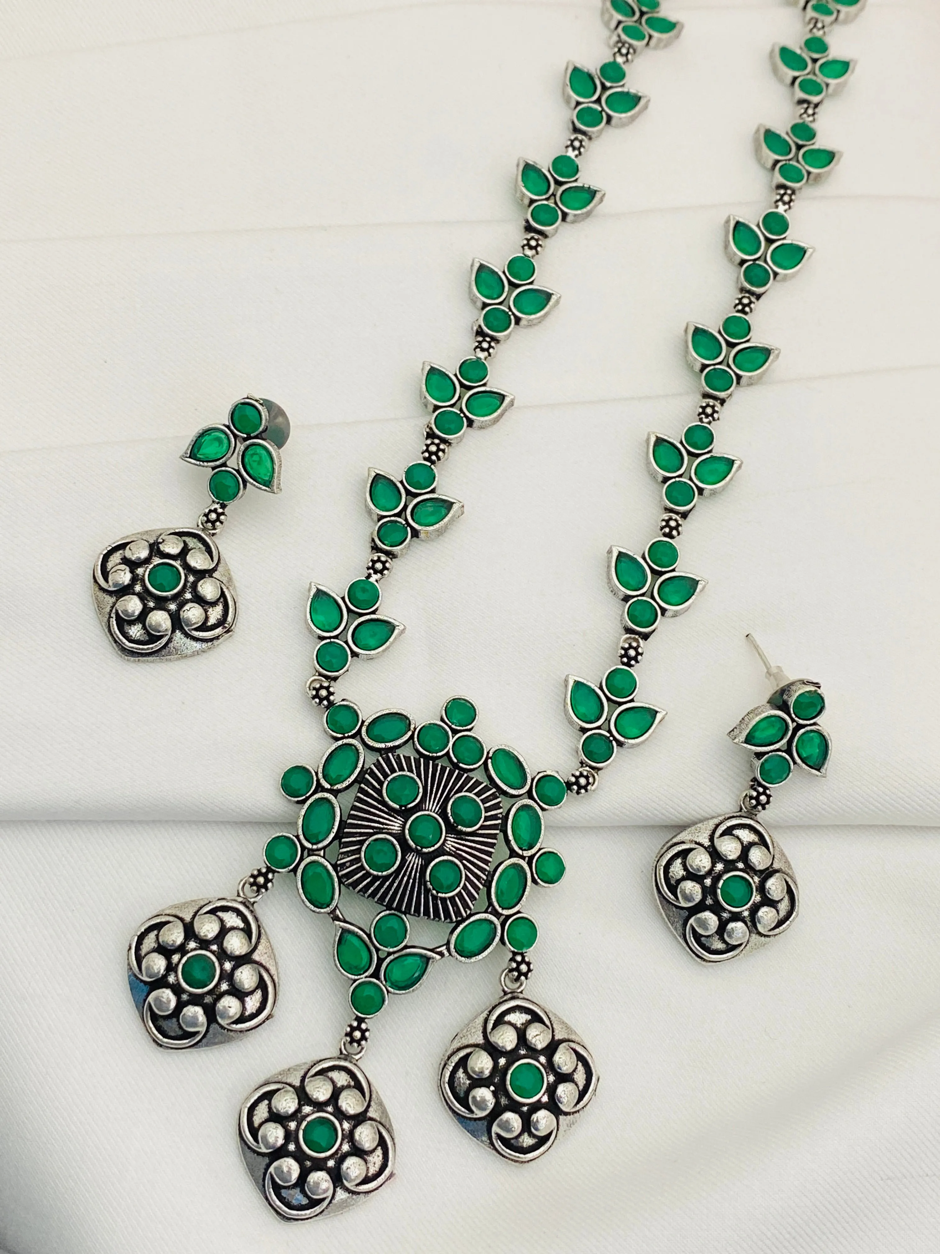 Appealing Emerald Stone Beaded German Silver Plated Designer Oxidized Necklace Set With Matching Earrings