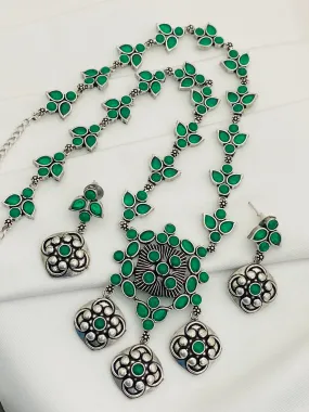 Appealing Emerald Stone Beaded German Silver Plated Designer Oxidized Necklace Set With Matching Earrings