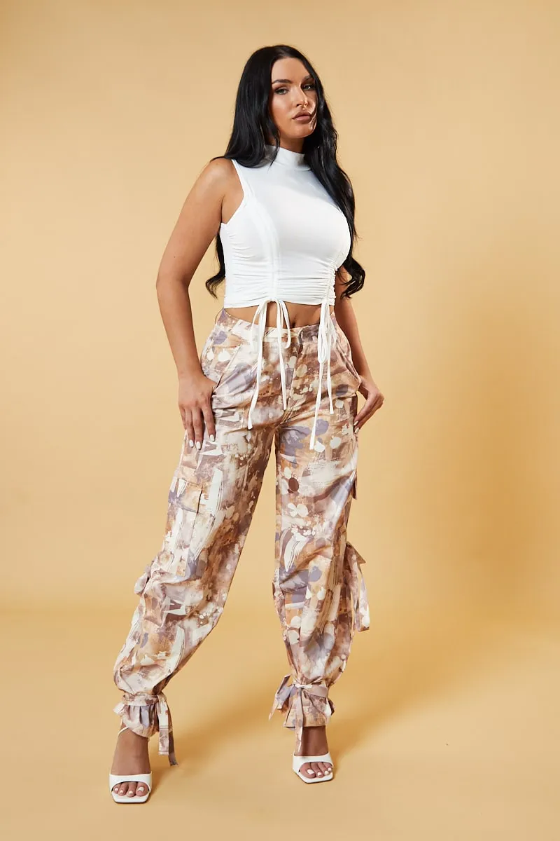 Beige Abstract Print Tie Hem Cargo Trousers - Britney