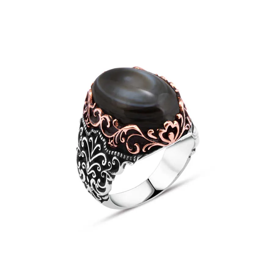 Black Ellipse Veined Onyx Stone Silver Men's Ring with Wavy Pattern Around