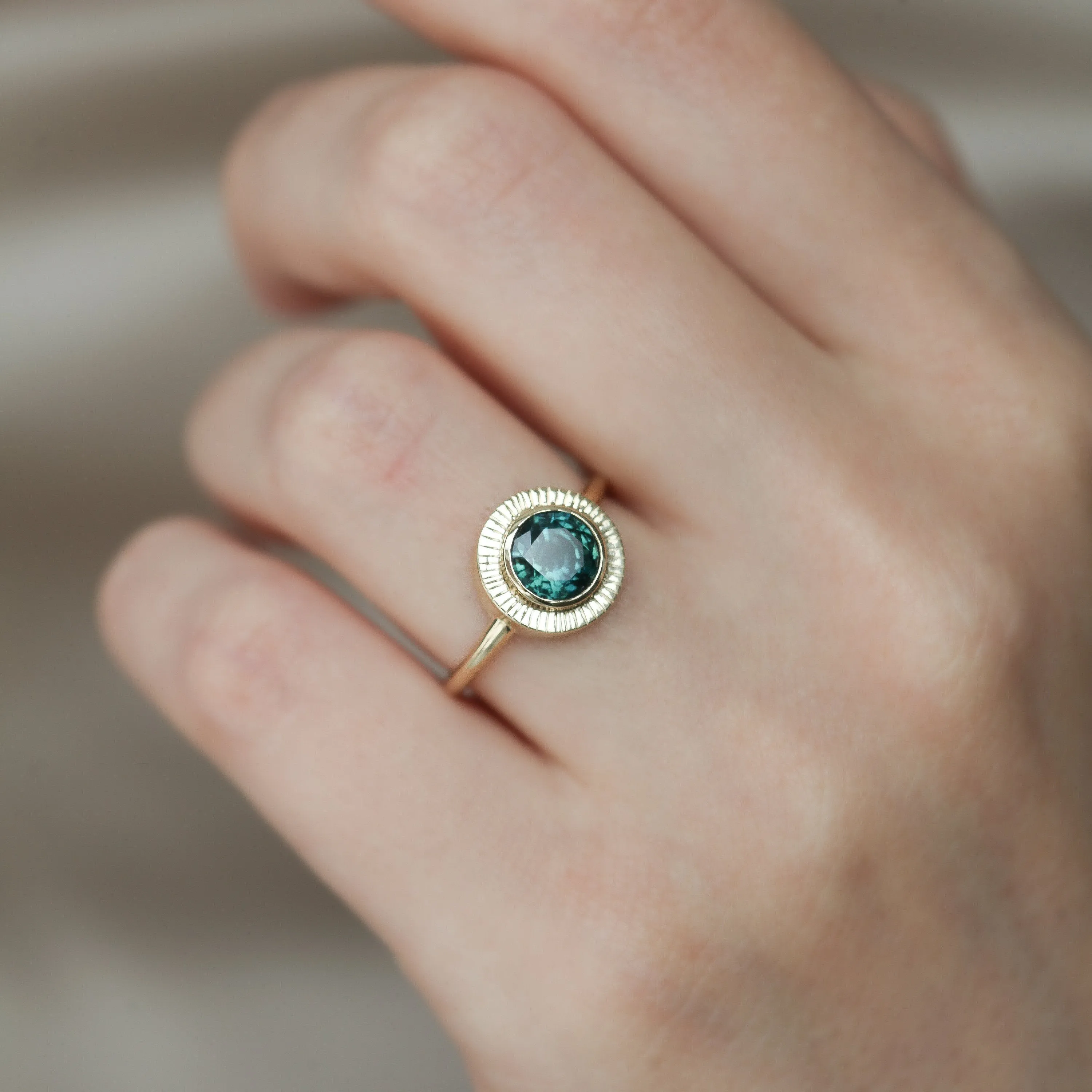 Euphrasia Teal Sapphire Sun Rays Ring