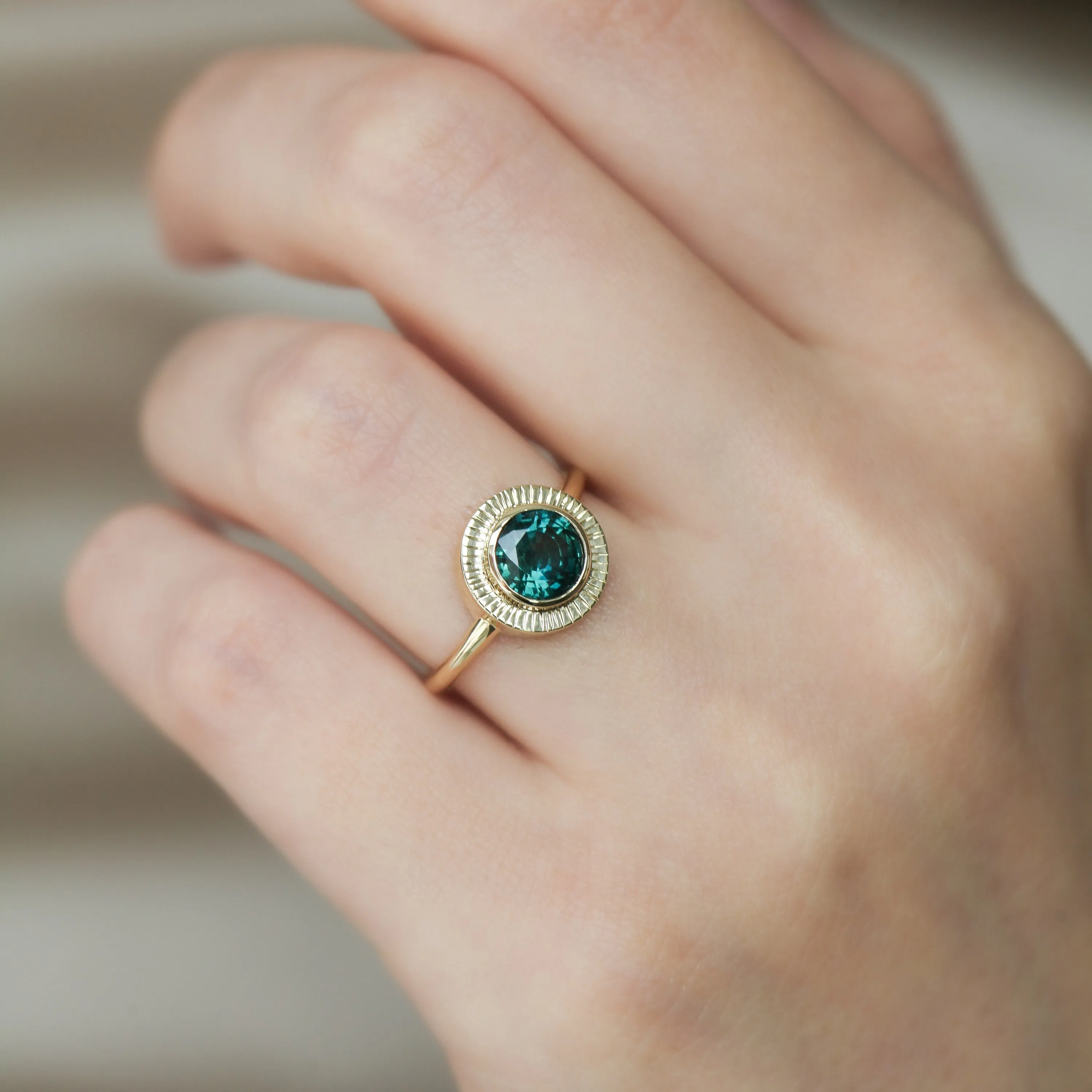 Euphrasia Teal Sapphire Sun Rays Ring