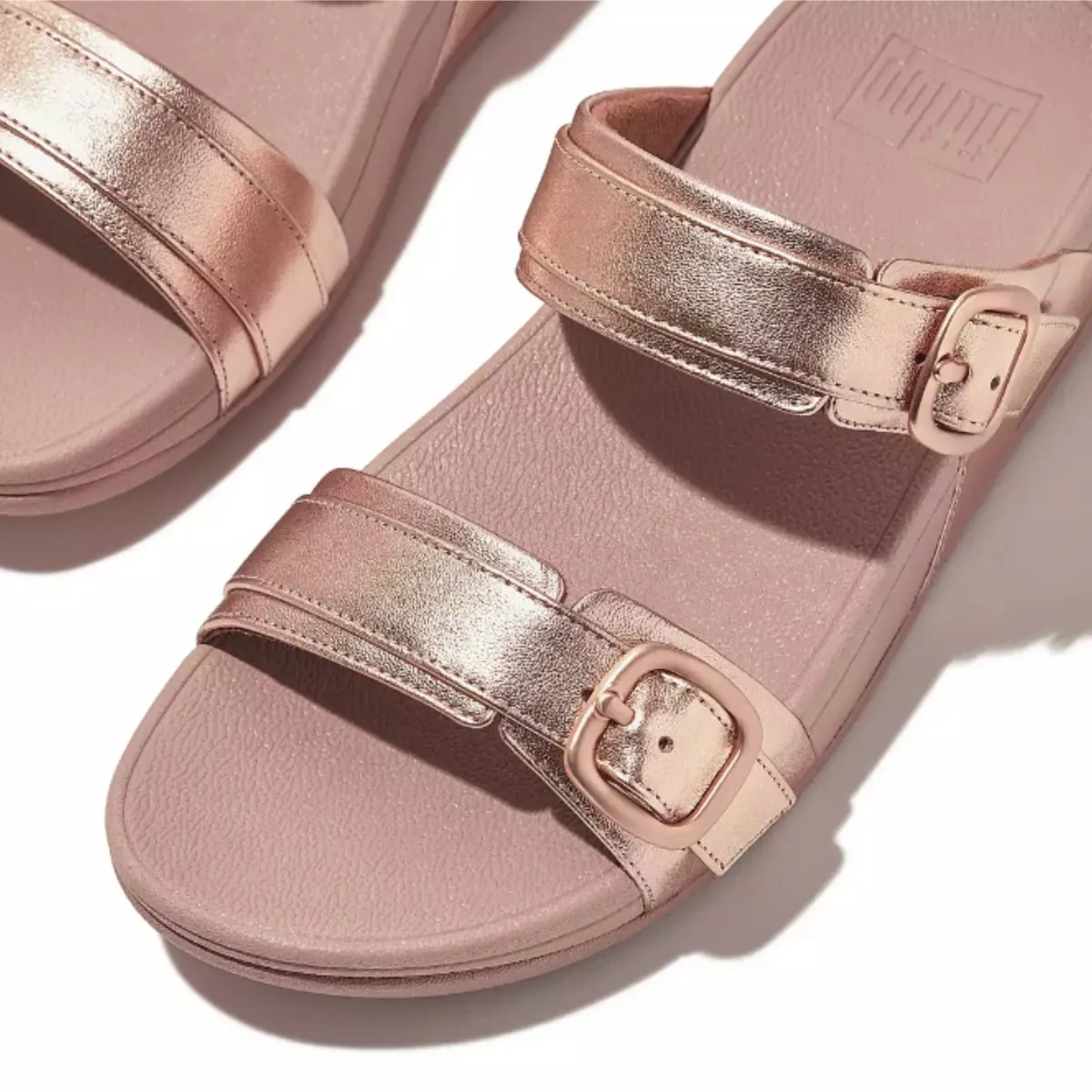 FitFlop Women's Lulu Adjustable-Buckle Metallic-Leather Rose Gold Slide