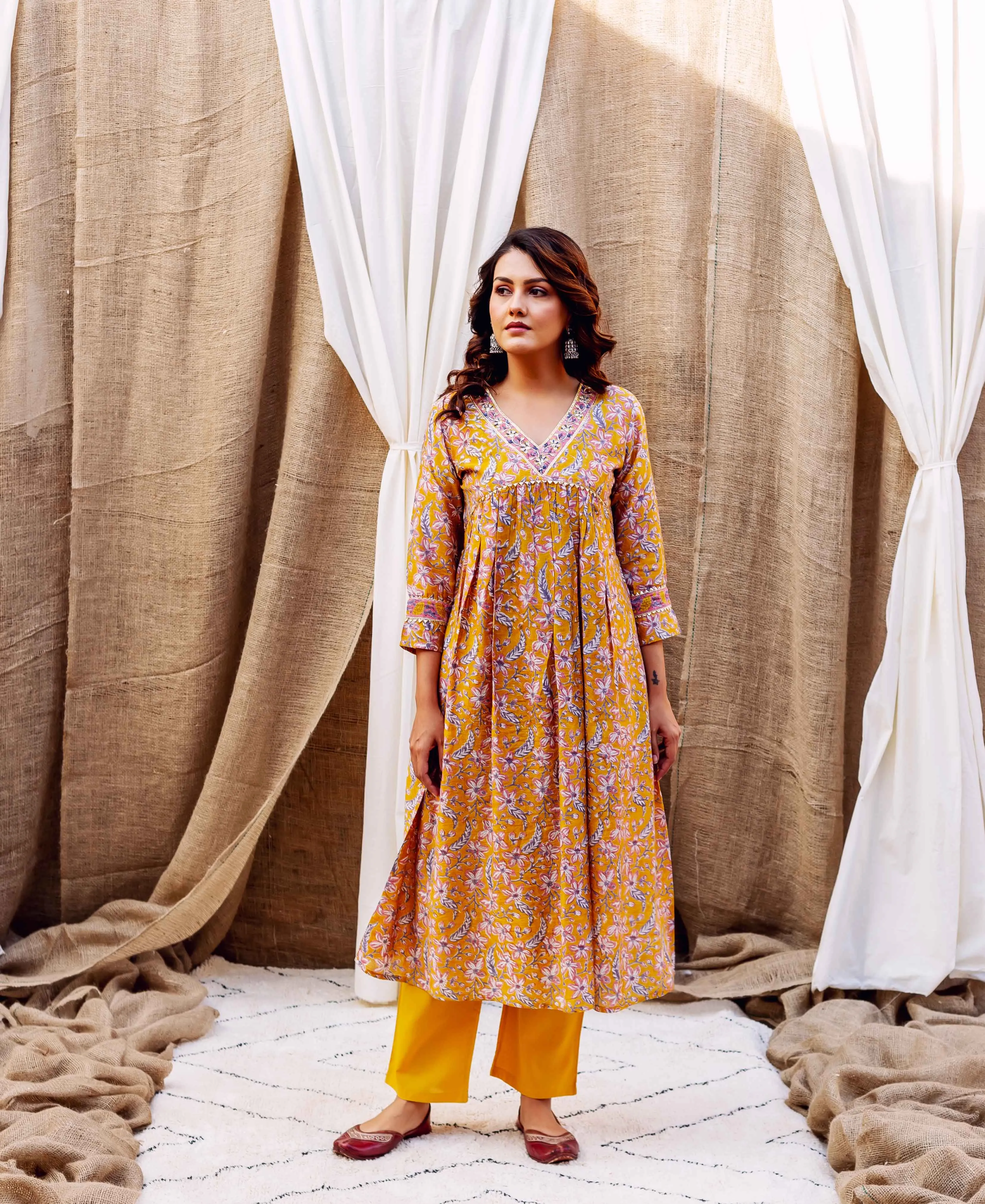 Golden Spice Chanderi Block Printed Kurta