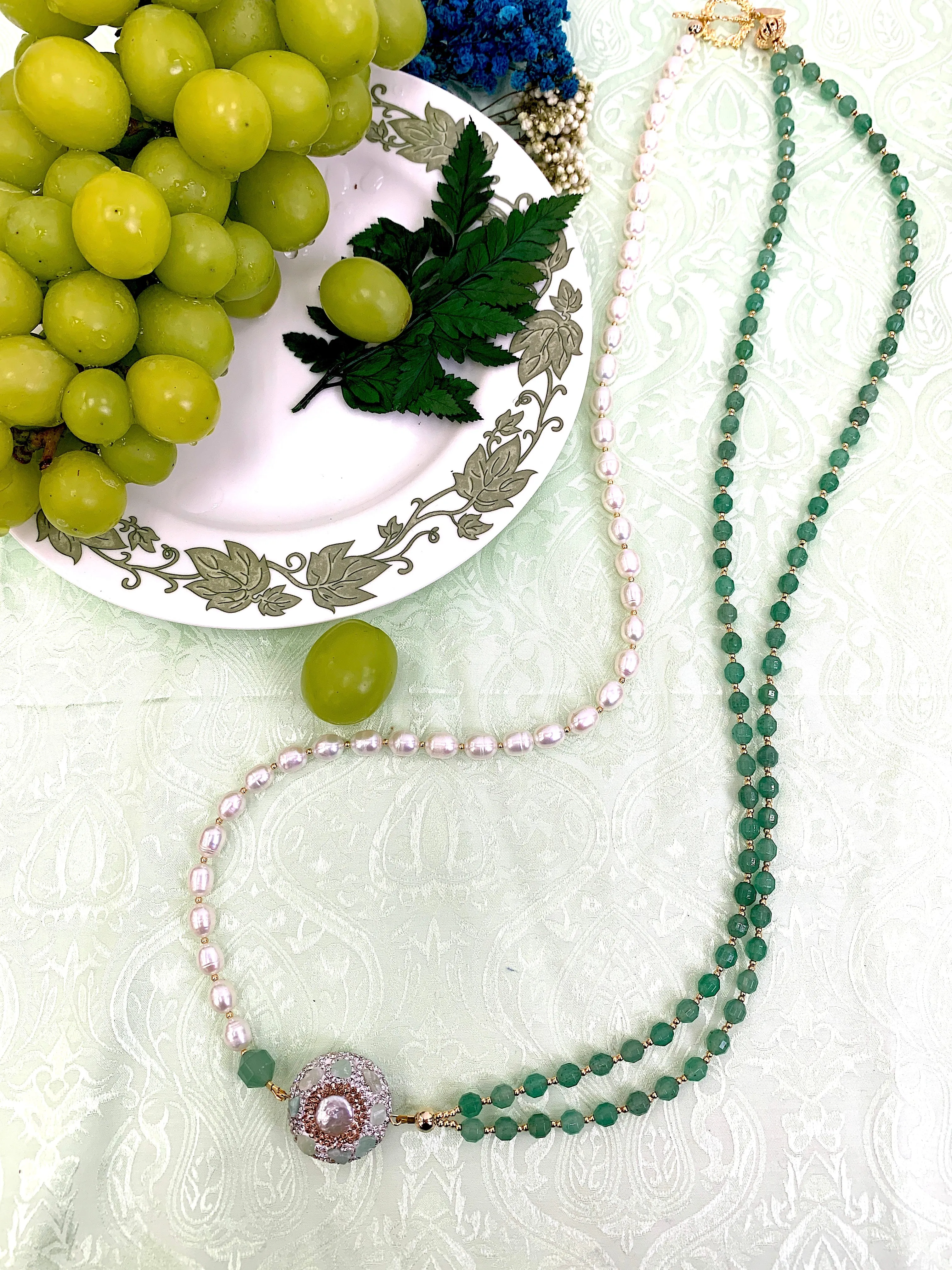 Green Aventurine And Pearls With Rhinestone Long Necklace HN016