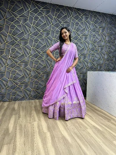 Lavender Chinon Embroidery Work Lehenga Choli