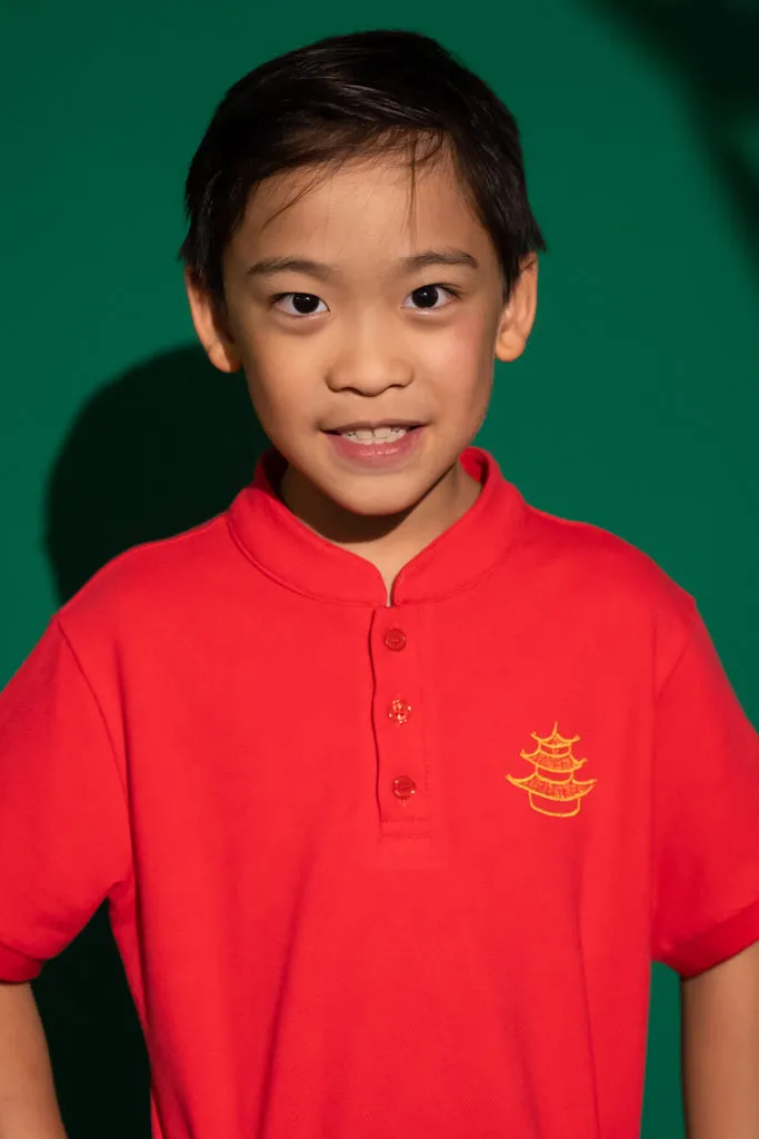 Mandarin-collared Polo Tee - Rose Pagoda