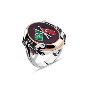 Ottoman and Turkish Flag Symbol on Red Ellipse Agate Stone Silver Men's Ring Siding Double Sword