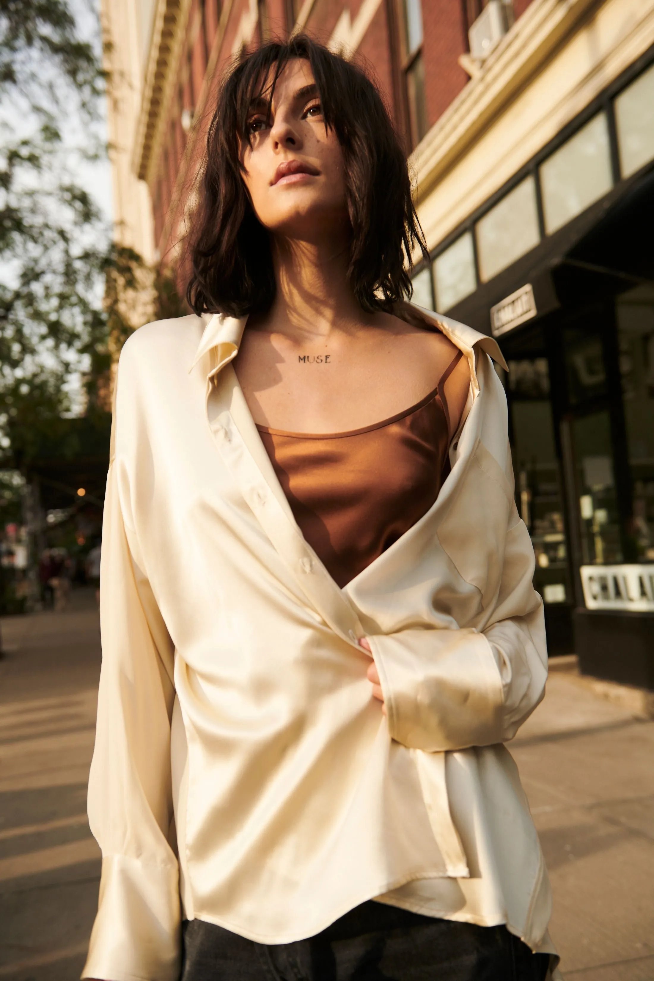 Oversized Button Down Silk Combo Shirt - Limestone