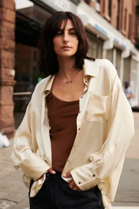 Oversized Button Down Silk Combo Shirt - Limestone