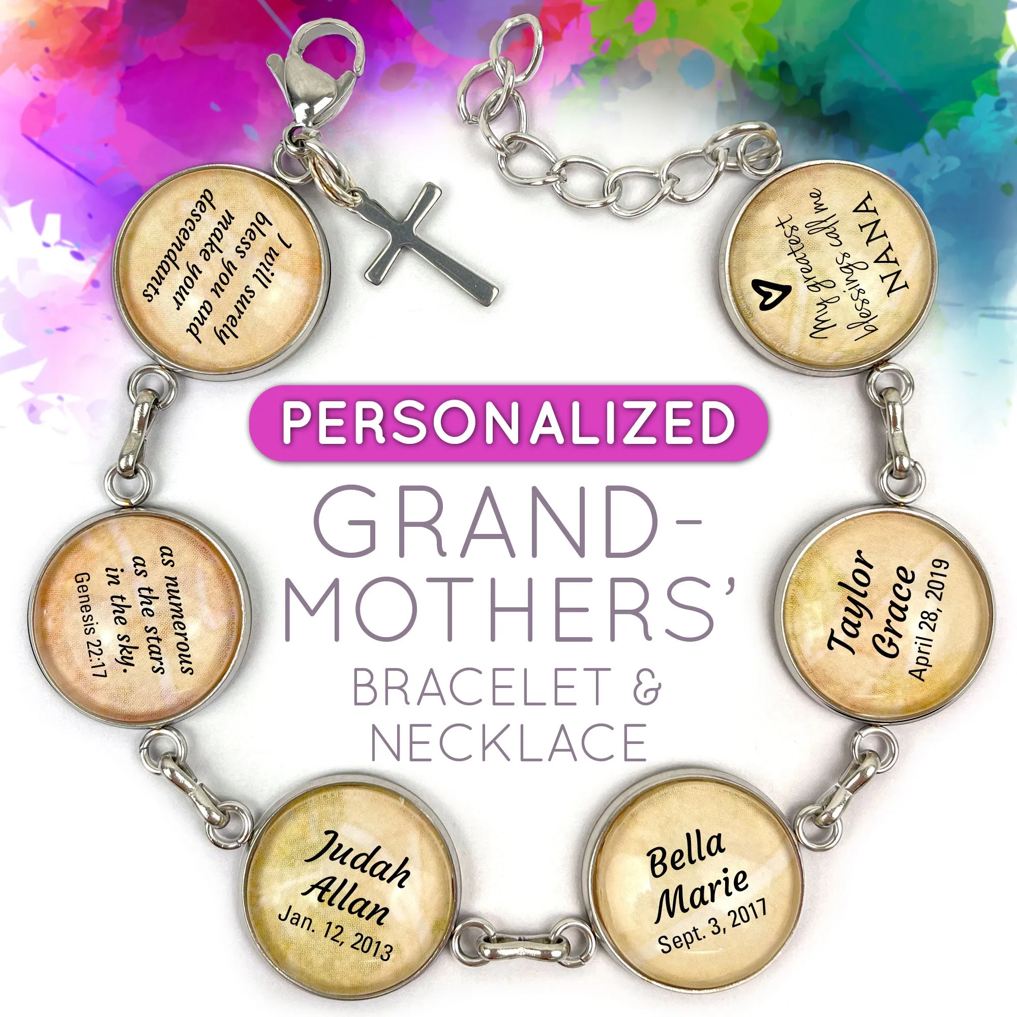 Personalized Grandmothers' Scripture Bracelet & Silver-Plated Christian Pendant Necklace Set – Personalized with Grandchildren's Names and Birth Dates!