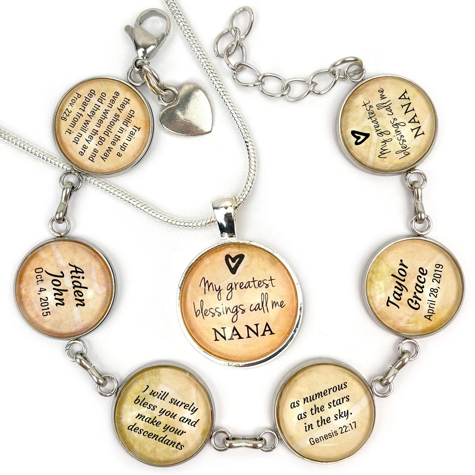 Personalized Grandmothers' Scripture Bracelet & Silver-Plated Christian Pendant Necklace Set – Personalized with Grandchildren's Names and Birth Dates!