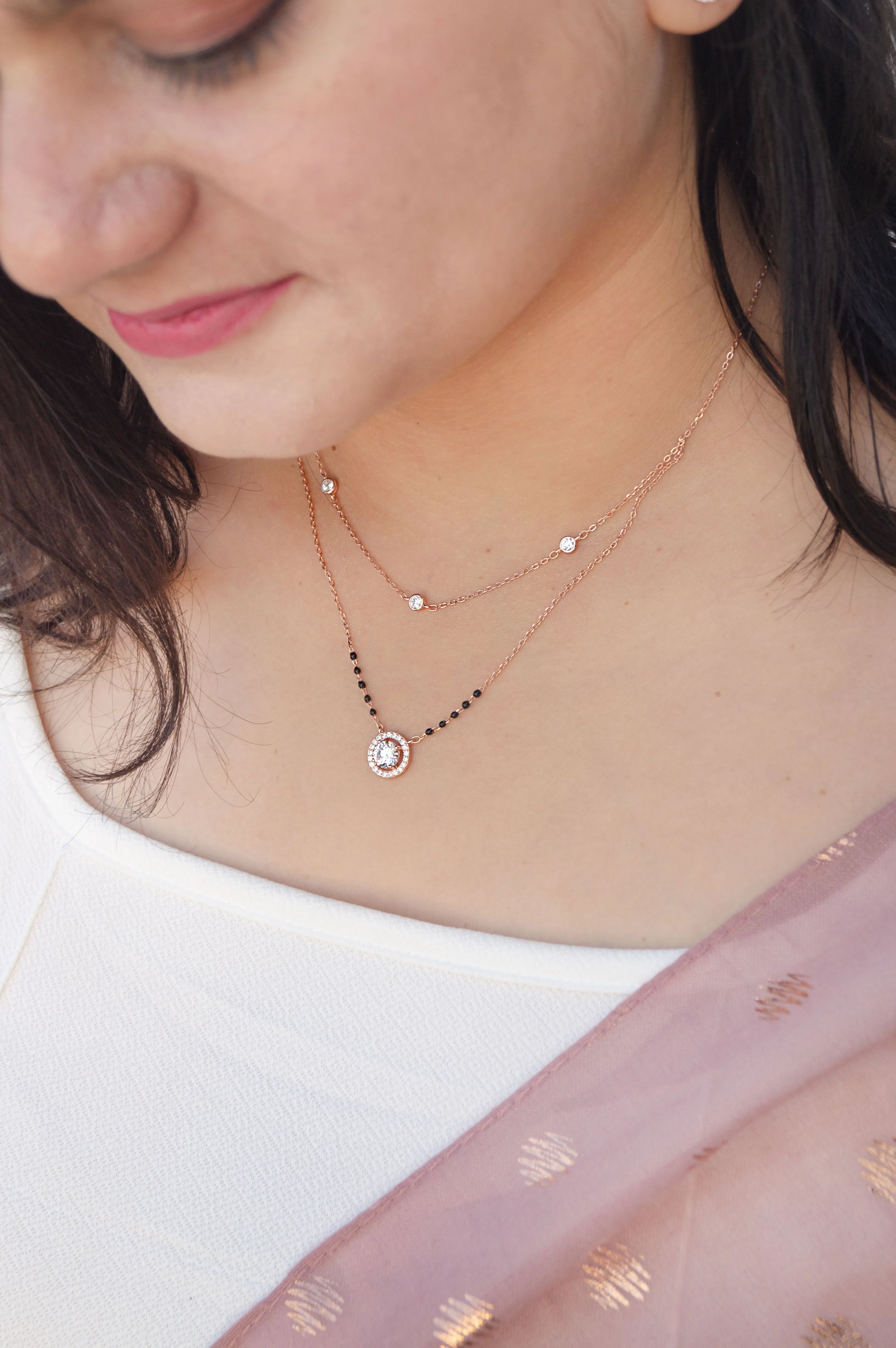 Sparkling Solitaire Multilayer Rose Gold Plated Sterling Silver Mangalsutra Necklace