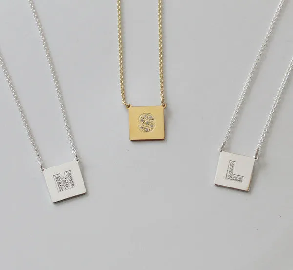 Square Gold Disc CZ Initial Necklace-Chelsea Handler