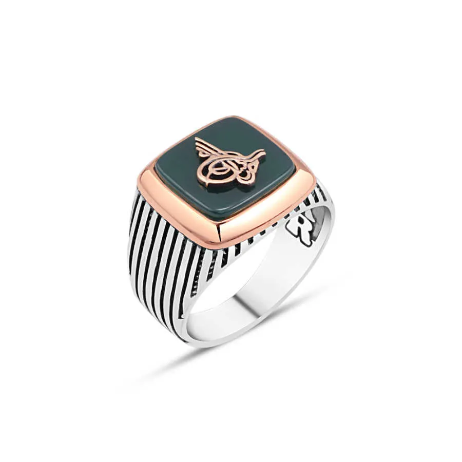 Tughra on Green Square Agate Stone Silver Men's Ring with Stripe Pattern