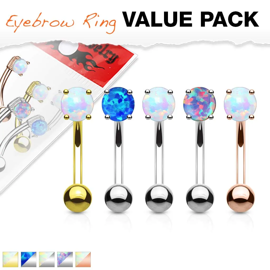 WILDKLASS 5 Pcs Value Pack Opal Prong Set Top 316L Surgical Steel Eyebrow Rings/Curved Barbells